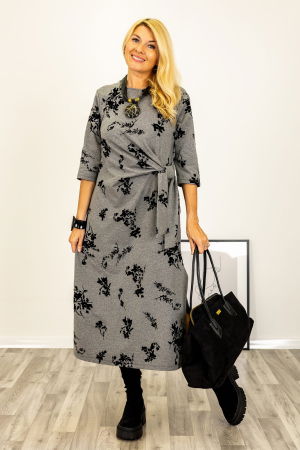 Rochie cu nod intr-o parte imprimata cu flori embosate si catifelate, din jerseu de bumbac gri [4]