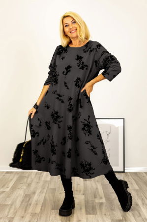 Rochii Casual - Rochie A-line cu flori embosate si catifelate, din jerseu de bumbac gri inchis