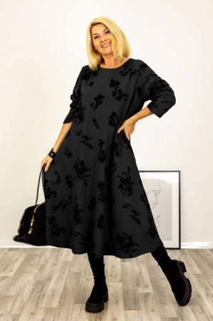 Rochii Casual - Rochie A-line cu flori embosate si catifelate, din jerseu de bumbac negre