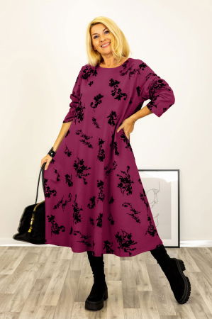 Rochii Casual - Rochie A-line cu flori embosate si catifelate, din jerseu de bumbac mov zmeura