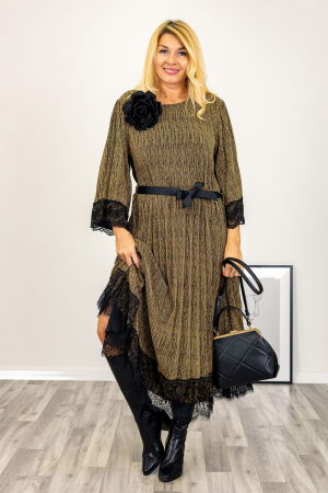 Rochii Elegante & Office - Rochie A-line cu lurex auriu, plisata cu maneca clopot si terminatie dantela