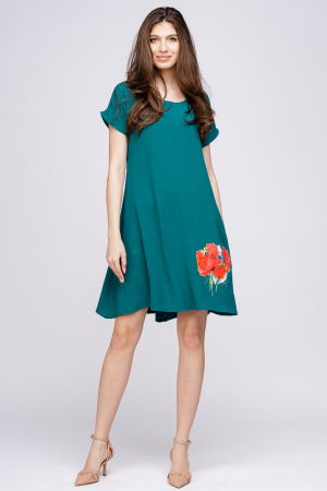 Rochii - Rochie `A line` din crep de vascoza verde, cu imprimeu maci stilizati