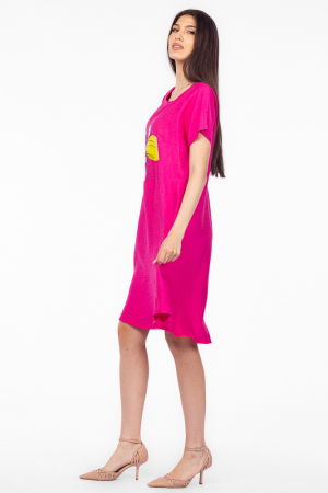 Rochie `A line` fucsia din in mercerizat, cu imprimeu grafic chip [1]