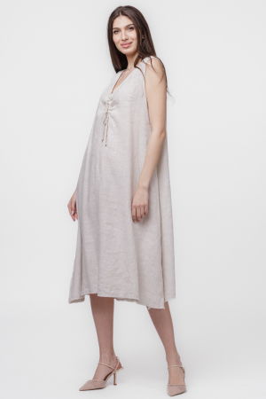 Rochie A-line din in, fara maneci, cu siret pe bust, bej [1]