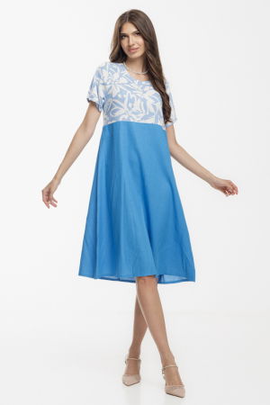 Rochii din In - Rochie Eva A line, din in mercerizat, albastra cu platca imprimata