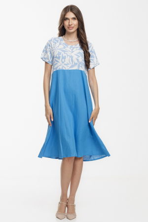 Rochie Eva A line, din in mercerizat, albastra cu platca imprimata [1]