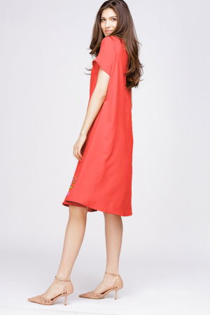 Rochie `A line` din in mercerizat corai, cu imprimeu fluture stilizat [1]