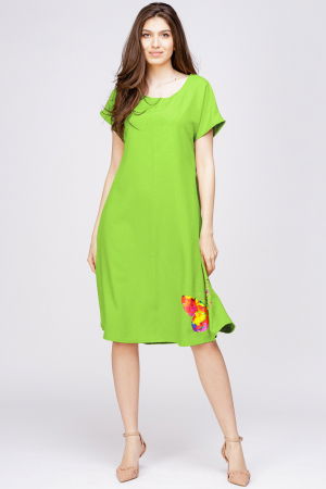 Rochii din In - Rochie `A line` din in mercerizat verde lime, cu imprimeu fluture stilizat