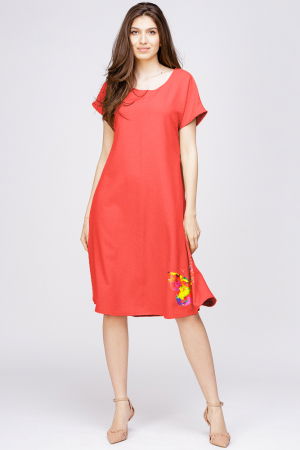 Rochii din In - Rochie `A line` din in mercerizat corai, cu imprimeu fluture stilizat