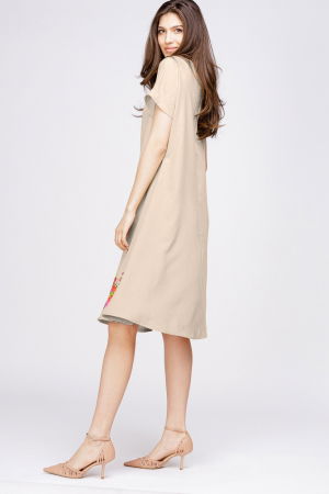 Rochie `A line` din in mercerizat bej, cu imprimeu fluture stilizat [1]