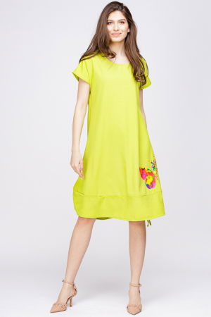 Rochie `A line` din in mercerizat, galben lime, cu sireturi laterale si imprimeu fluture stilizat [1]