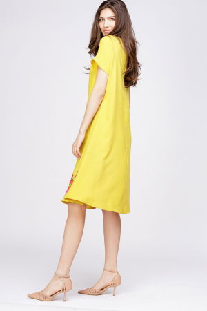 Rochie `A line` din in mercerizat galbena, cu imprimeu fluture stilizat [1]