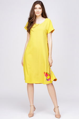 Rochii din In - Rochie `A line` din in mercerizat galbena, cu imprimeu fluture stilizat