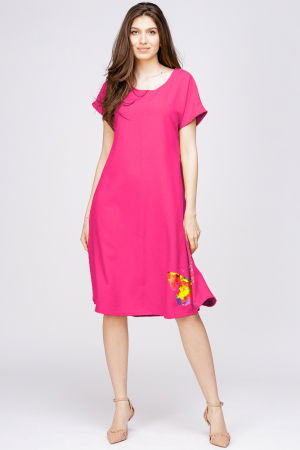 PLAJĂ SI VACANȚĂ - Rochie `A line` din in mercerizat fucsia, cu imprimeu fluture stilizat