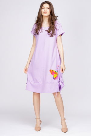 Rochii din In - Rochie `A line` din in mercerizat, mov deschis, cu sireturi laterale si imprimeu fluture stilizat