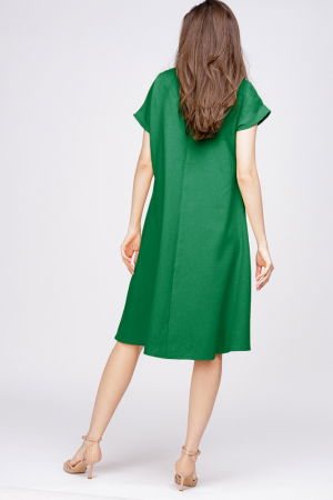 Rochie `A line` din in mercerizat verde, cu imprimeu fluture stilizat [2]