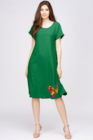 Rochii din In - Rochie `A line` din in mercerizat verde, cu imprimeu fluture stilizat