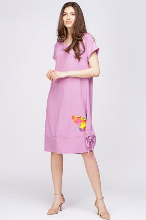 Rochie `A line` din in mercerizat, viorie, cu sireturi laterale si imprimeu fluture stilizat [2]