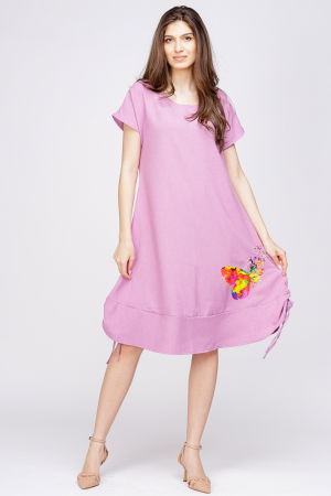 Rochie `A line` din in mercerizat, viorie, cu sireturi laterale si imprimeu fluture stilizat [1]