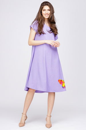 Rochie `A line` din in mercerizat lila, cu imprimeu fluture stilizat Rochii din In - Rochie `A line` din in mercerizat lila, cu imprimeu fluture stilizat