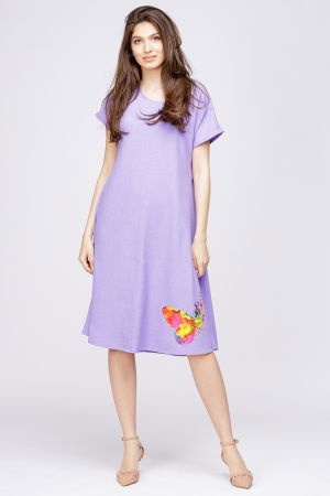 Rochie `A line` din in mercerizat lila, cu imprimeu fluture stilizat [1]