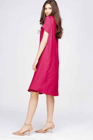 Rochie `A line` din in mercerizat magenta, cu imprimeu fluture stilizat [1]