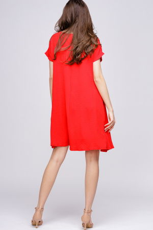 Rochie `A line` din crep de vascoza rosie, cu imprimeu maci stilizati [2]