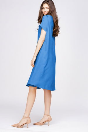 Rochie `A line` din in mercerizat albastra, cu imprimeu fluture stilizat [1]