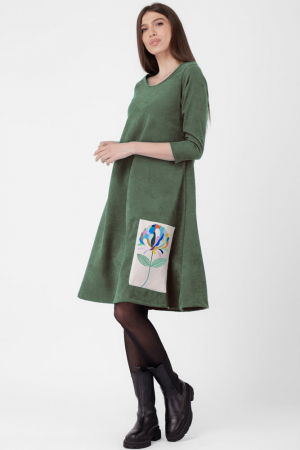 Rochii Elegante & Office - Rochie `A line`, din material catifelat, kaki, cu aplicatie color