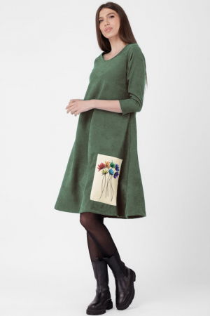 Rochii din Jerseu - Rochie `A line`, din material catifelat, kaki, cu aplicatie color 7 flori
