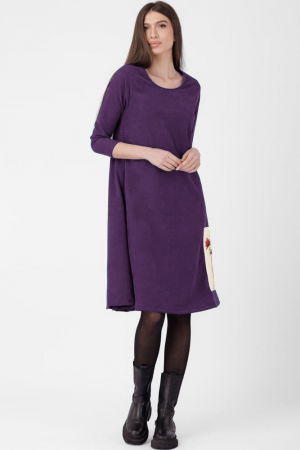 Rochie `A line`, din material catifelat, mov inchis, cu aplicatie color [1]