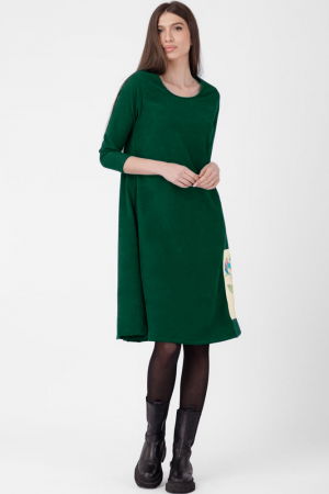 Rochie `A line`, din material catifelat, verde inchis, cu aplicatie color [1]
