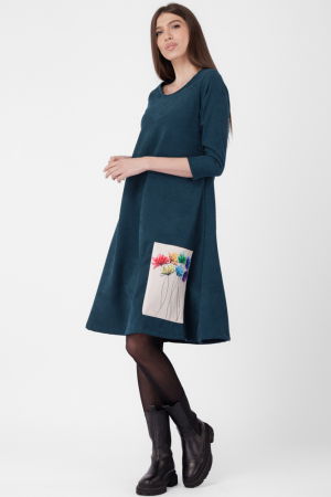 Rochii Elegante & Office - Rochie `A line`, din material catifelat, turcoaz inchis, cu aplicatie color
