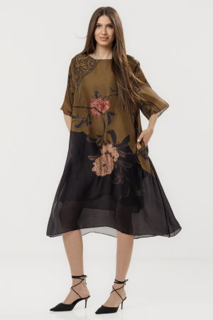 Rochii Elegante & Office - Rochie eleganta satinata A-line cu croiala lejera si imprimeu floral in tonuri de maro si negru