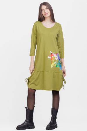 Rochii Elegante & Office - Rochie `A line`, din tricot, cu sireturi laterale, verde olive cu imprimeu flori stilizate