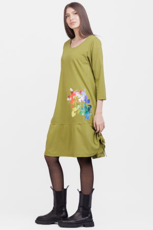 Rochie `A line`, din tricot, cu sireturi laterale, verde olive cu imprimeu flori stilizate [1]