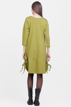 Rochie `A line`, din tricot, cu sireturi laterale, verde olive cu imprimeu flori stilizate [2]