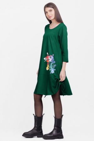 Rochie `A line`, din tricot, cu sireturi laterale, verde cu imprimeu flori stilizate [1]