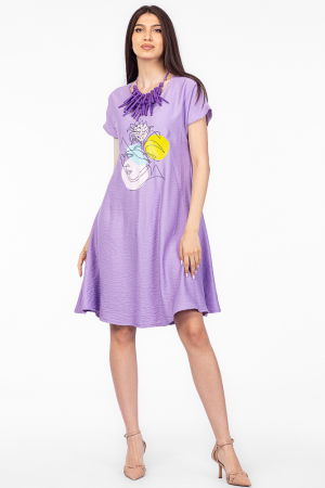 Rochii masuri mari - Rochie `A line` lila din in mercerizat, cu imprimeu grafic chip