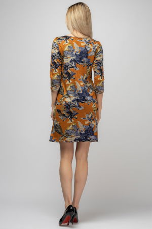 Rochie dreapta, fundal caramiziu si imprimeu frunze, din vascoza [2]