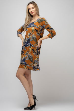 Rochie dreapta, fundal caramiziu si imprimeu frunze, din vascoza [1]