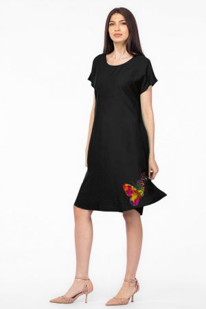 Rochie `A line` neagra din in mercerizat usor creponat, cu imprimeu fluture multicolor [1]
