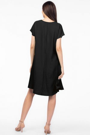 Rochie `A line` neagra din in mercerizat usor creponat, cu imprimeu fluture multicolor [2]