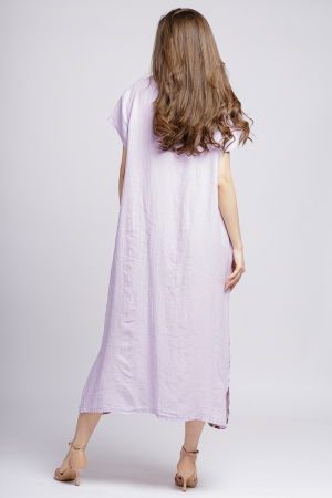 Rochie lunga din in cu guler intors si imprimeu pictural floral pe fond lila [3]