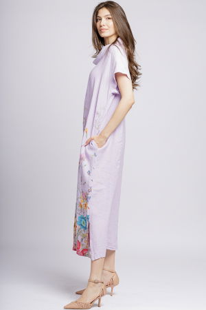 Rochie lunga din in cu guler intors si imprimeu pictural floral pe fond lila [2]