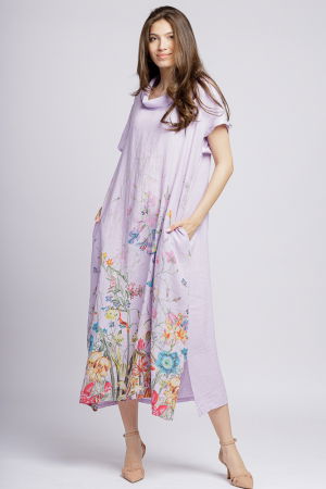 Rochie lunga din in cu guler intors si imprimeu pictural floral pe fond lila [1]