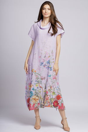 Rochie lunga din in cu guler intors si imprimeu pictural floral pe fond lila Rochii din In - Rochie lunga din in cu guler intors si imprimeu pictural floral pe fond lila