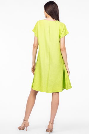 Rochie `A line` verde lime din in mercerizat, cu imprimeu grafic chip [1]