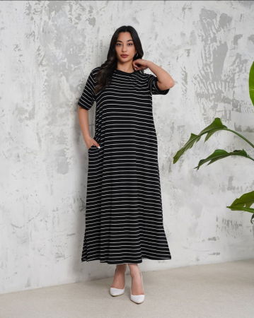 Rochie A-line lunga din jerseu de vascoza, neagra cu dungi albe [2]