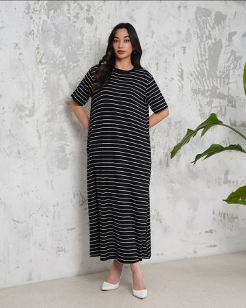 Rochie A-line lunga din jerseu de vascoza, neagra cu dungi albe [1]